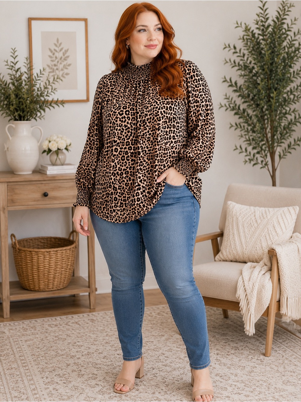 torrid Leopard Print Smocked Neck Blouse in Brown
